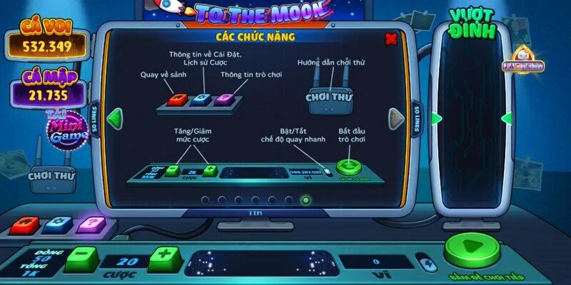 Các nút chức năng trong game Nổ Hũ to the moon