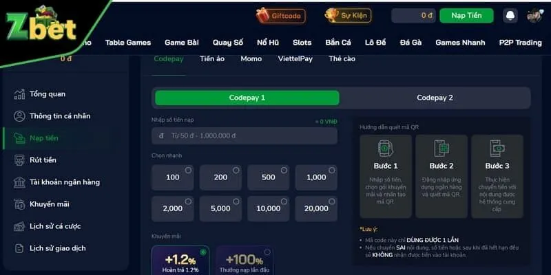 Chi tiết các bước nạp tiền zbet